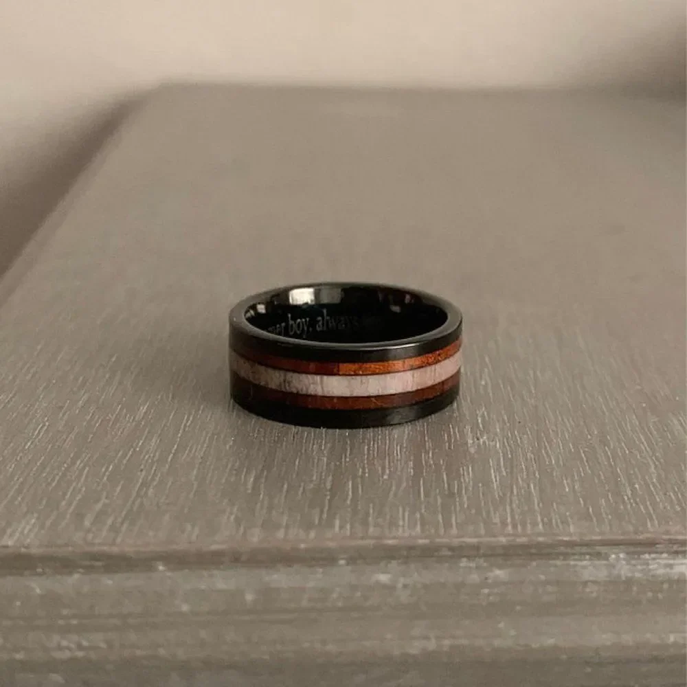 Personalized Engraved Men's Black Tungsten Wedding Ring Bone and Koa Wood